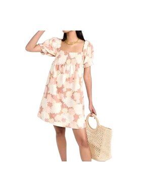 Faherty Coral Floral Organic Cotton Smocked Square-Neck Puff-Sleeve Dress Small